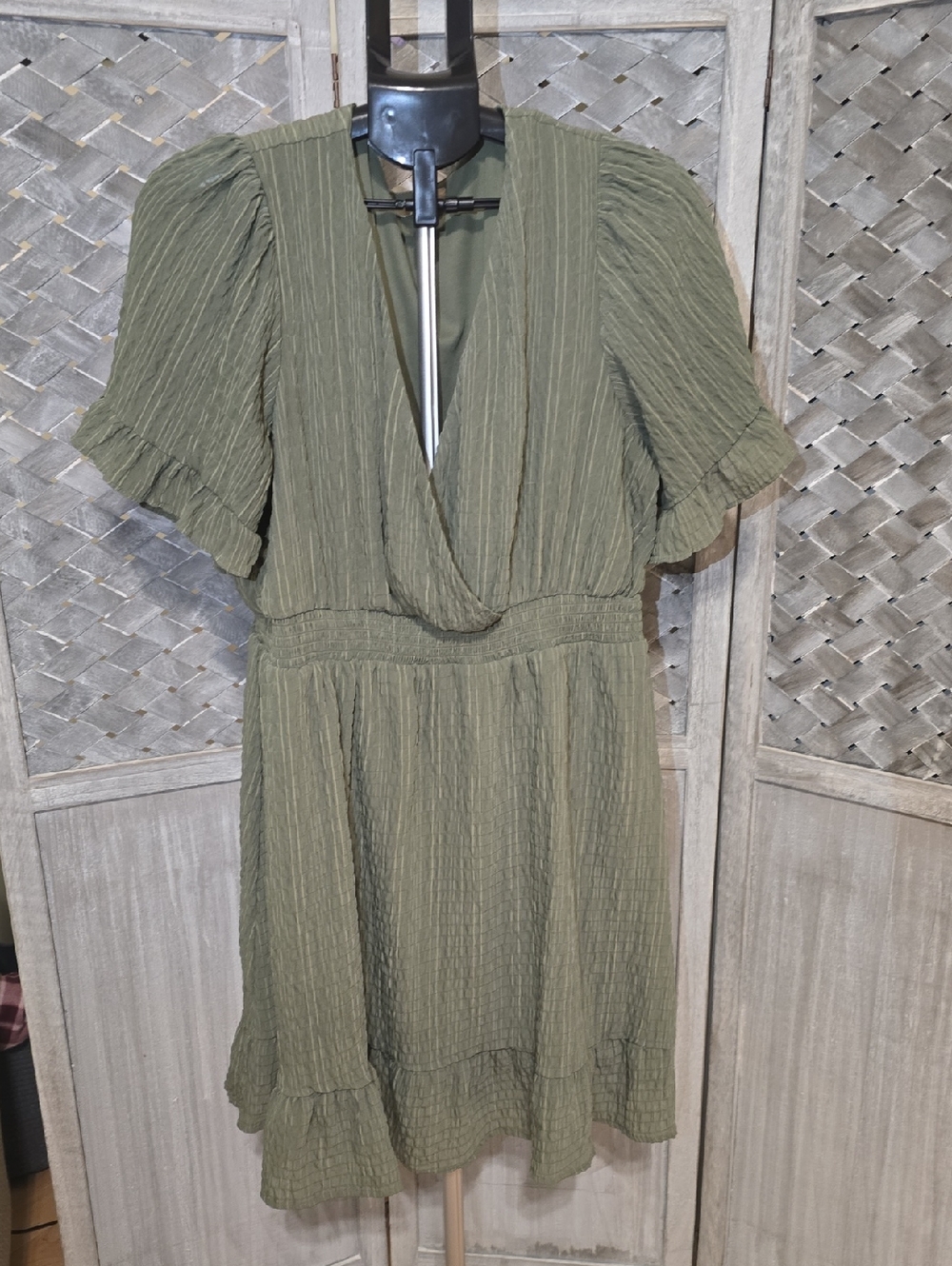 Rewind Olive Green Wrap-Front Puff Sleeve Mini Dress